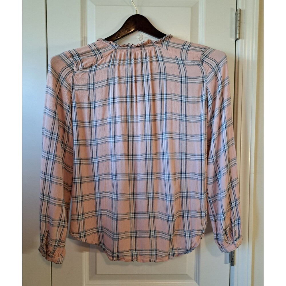 Loft Size S Blouse Pink Plaid Long Sleeve Buttons Ruffled Neck Peasant Cottage - Picture 3 of 6